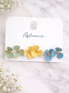 Reitmans Trio Flower Stud Earrings in Green, Yellow & Blue